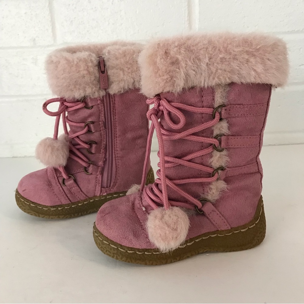Michael Kors Pink Booties Toddler Sz 7 White Faux Fur Boots Laces Pompoms